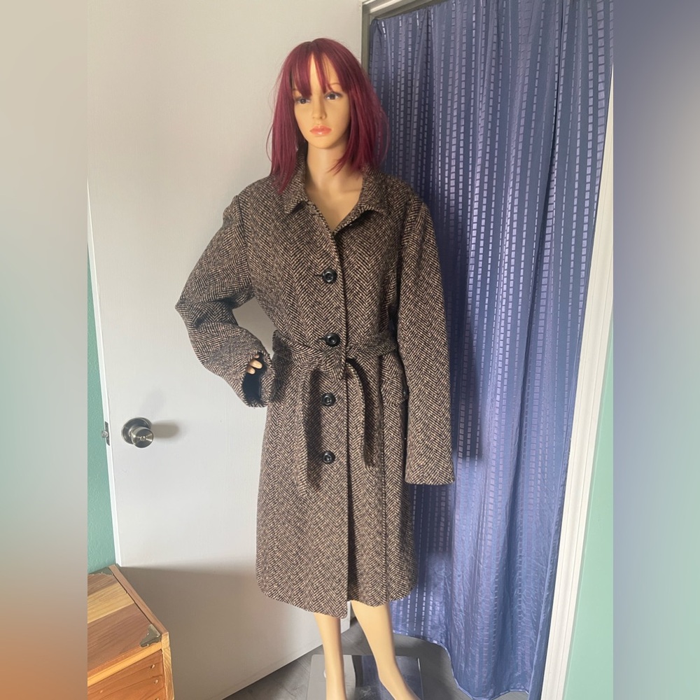 Apt 9 Coat L-XL Brown Retro 100% Wool Collared Pockets Belted Lined Vintage